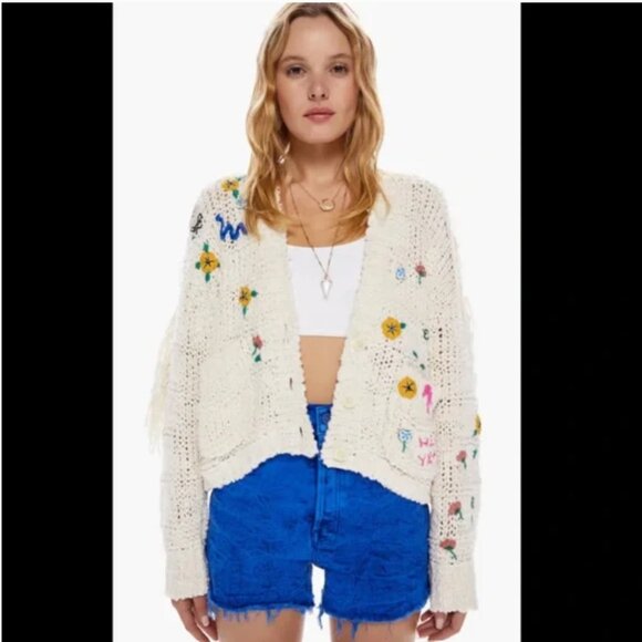 Mother Easy Drop Cardigan Fields on Fire White Fringe XS - Picture 1 of 8